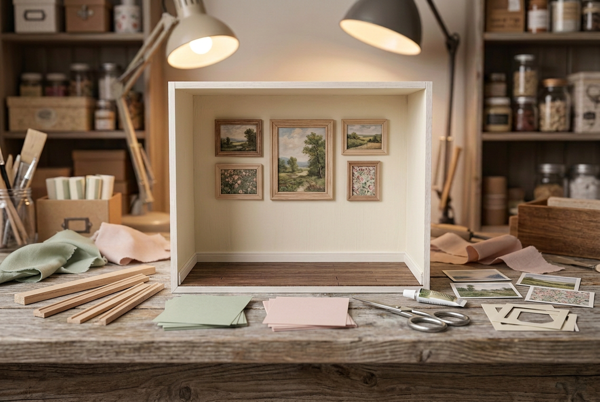 Miniature room box with framed artwork on a cozy workbench, with paper prints and framing supplies