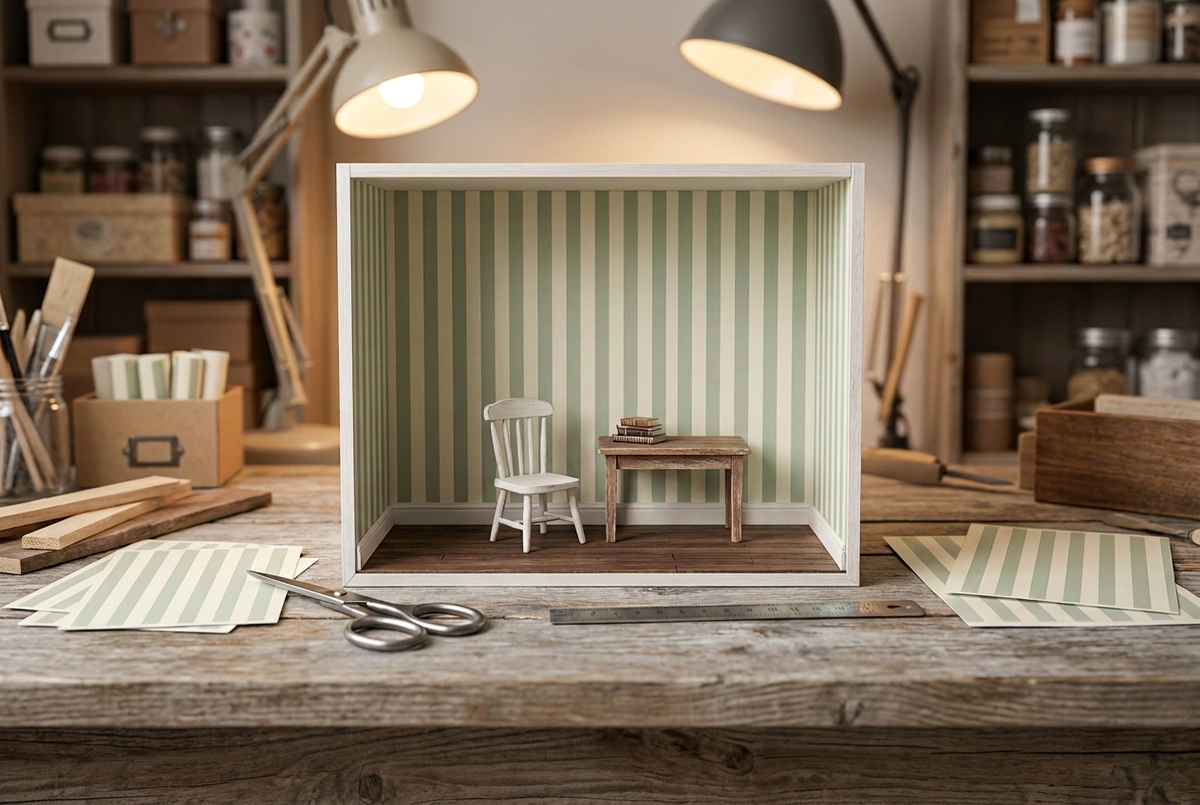 Miniature room with sage and cream striped wallpaper, a white chair and wooden table on a wooden craft workbench