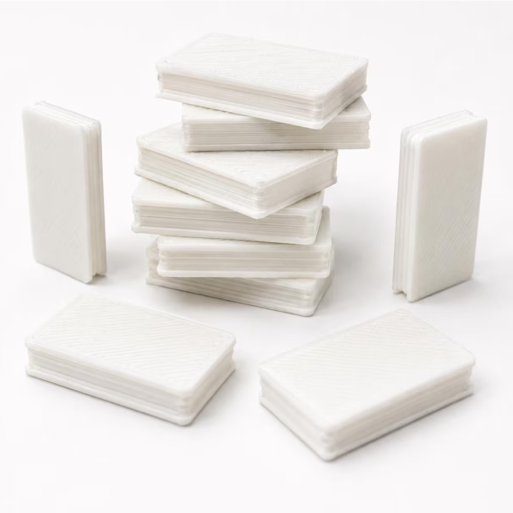 White rectangular card-like pieces arranged in stacks on a clean white background.