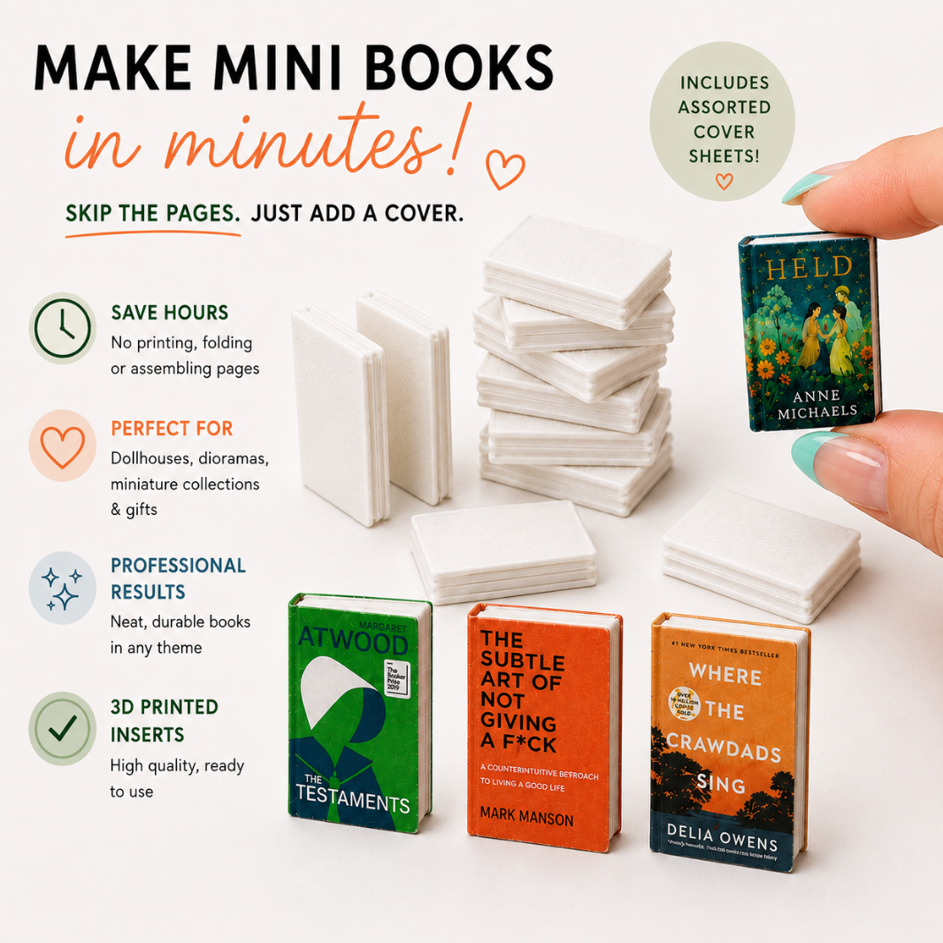 Promotional graphic for a mini book-making kit showing a hand assembling a miniature book cover, stacks of white mini book pages, and several finished book-shaped inserts with illustrated covers on a light gray background with marketing text.