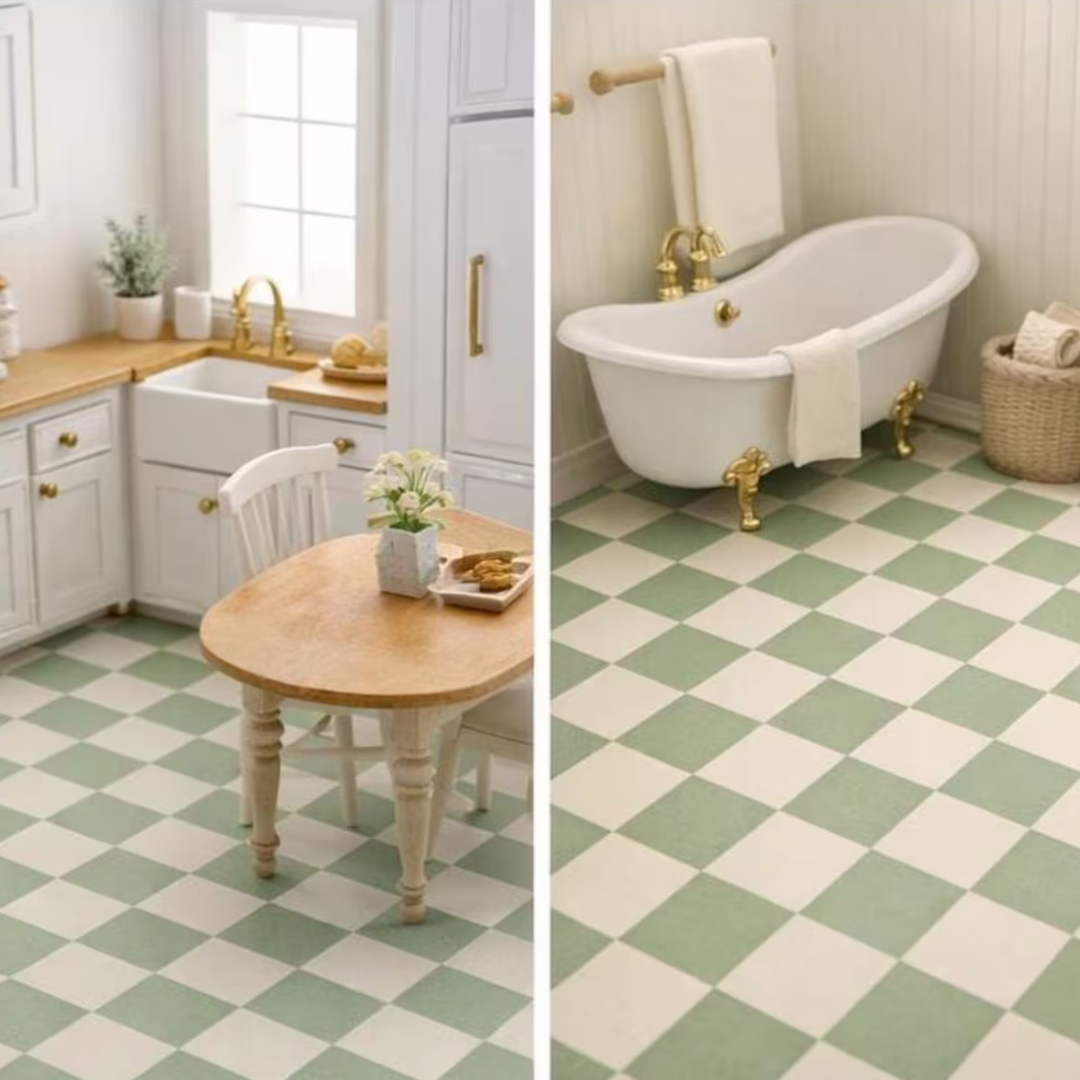 A split-screen view showing a bathroom and kitchen with a green and off-white checkered tile floor. The left panel shows a small wooden dining table and chair in the kitchen, while the right panel shows a white clawfoot bathtub with gold fixtures in the bathroom.