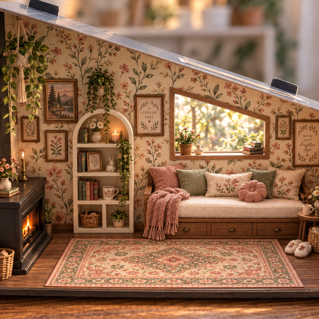 A miniature dollhouse-style room set with floral wallpaper, a built-in daybed, fireplace, shelves, rug, and blue door, shown as a clean product shot against a softly blurred background.