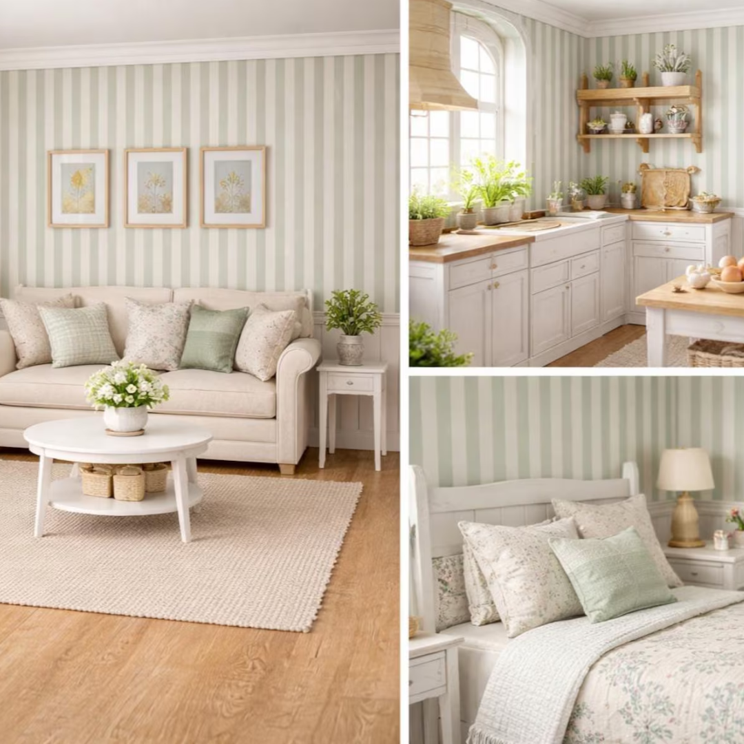 A three-panel collage showcasing a coordinated home interior design theme with pale green and white vertical stripes. The left panel shows a living room with a cream sofa, striped wallpaper, a white coffee table, and a beige rug.