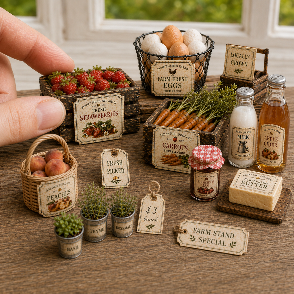 A miniature dollhouse-scale farm-themed tabletop display with tiny baskets of strawberries, eggs, peaches, carrots, milk, apple cider, butter, herbs, and labels reading farm stand signs, with a human hand entering from the left to show scale.