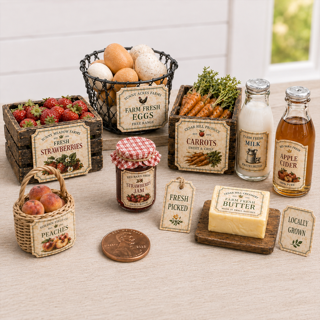 A miniature farm-themed tabletop display with small faux products including a basket of strawberries, eggs, carrots, milk, apple cider, peaches, butter, jam, and labels reading farm slogans, arranged on a light wood surface.