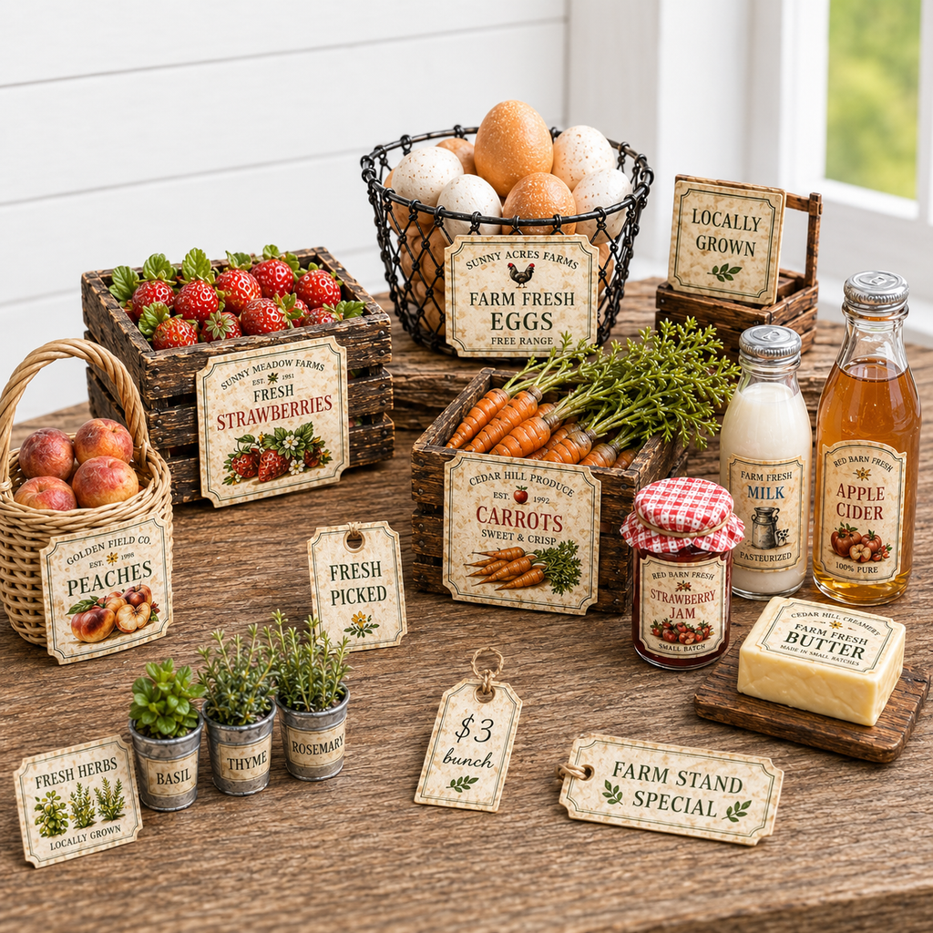 A styled farm-fresh produce and artisanal food display on a wooden table, featuring baskets of peaches, strawberries, carrots, eggs, milk, apple cider, butter, herbs, and decorative vintage-style labels reading farm stand and locally grown.