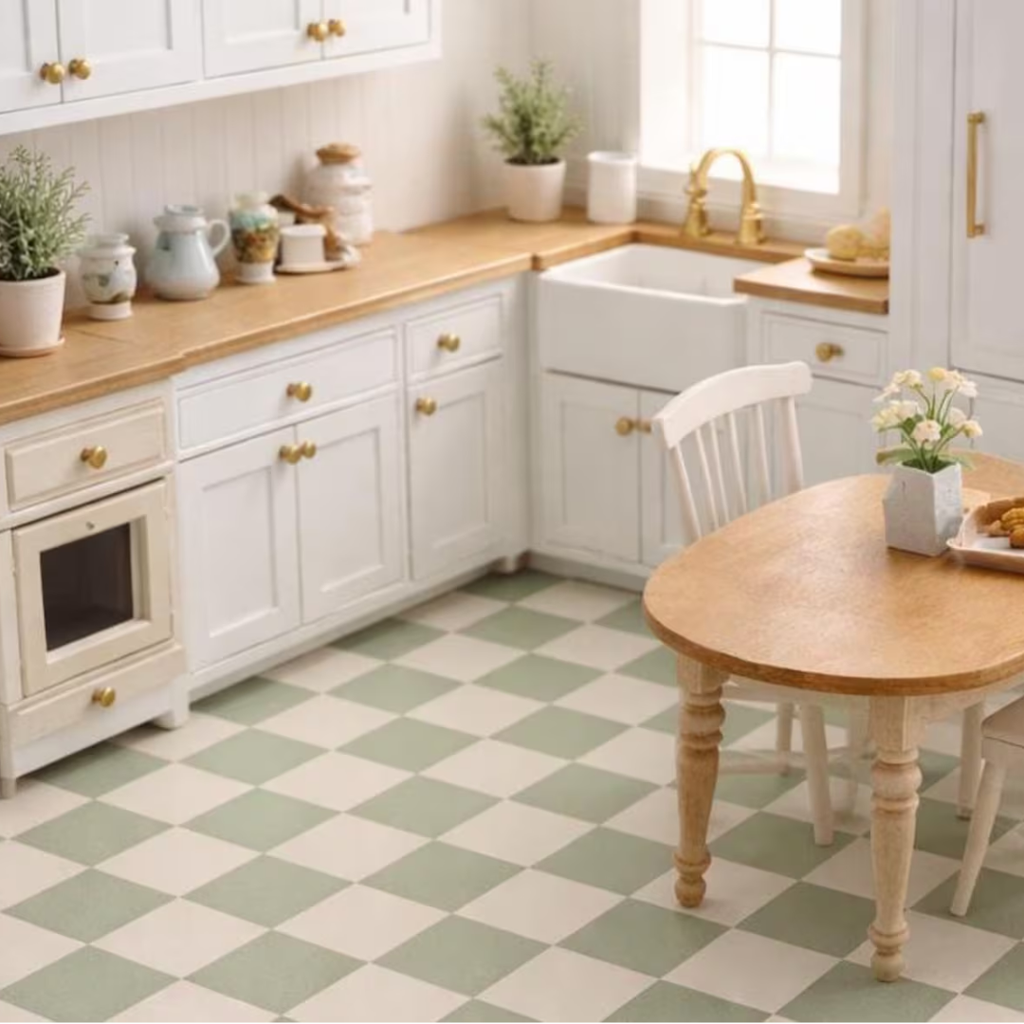 A bright kitchen interior with white shaker-style cabinets, light wood countertops, a white farmhouse sink, and a green-and-white checkered floor. A round wooden dining table with white chairs sits in the foreground near the sink and window.