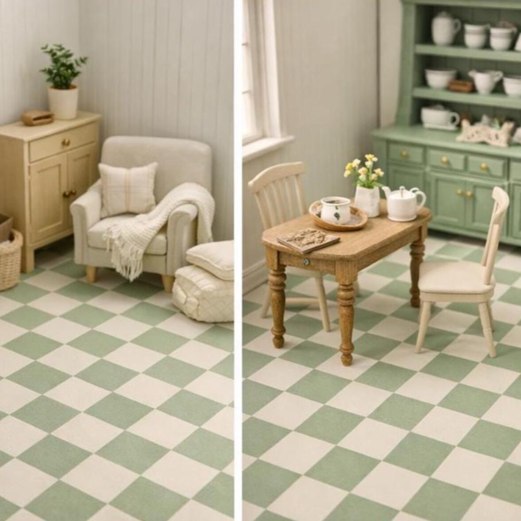 A split-screen view of a cozy room scene showing a green and off-white checkered floor. The left panel shows a light cream armchair, sideboard, and small plant.