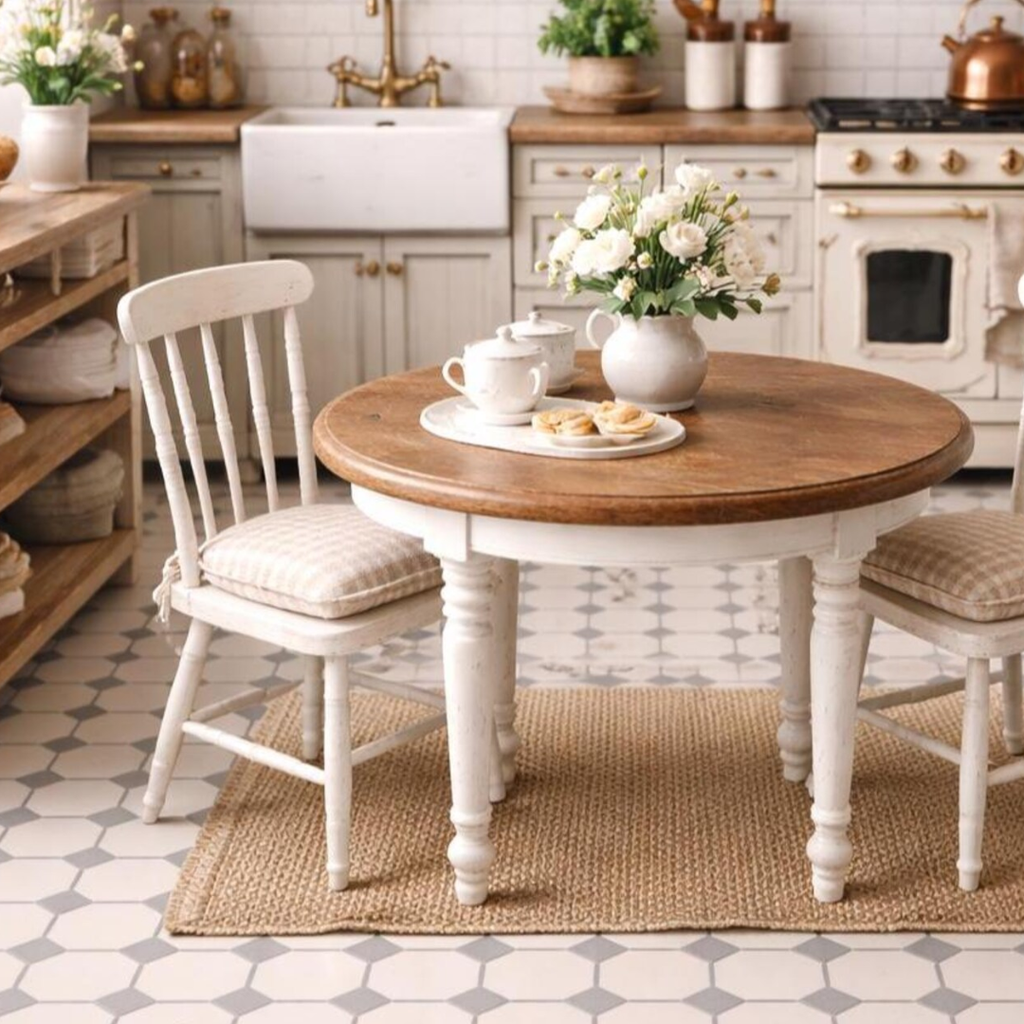 A round wooden dining table with a white painted frame and two matching white chairs with beige checkered cushions, set in a rustic kitchen with a white farmhouse sink, tiled floor, and a woven rug.