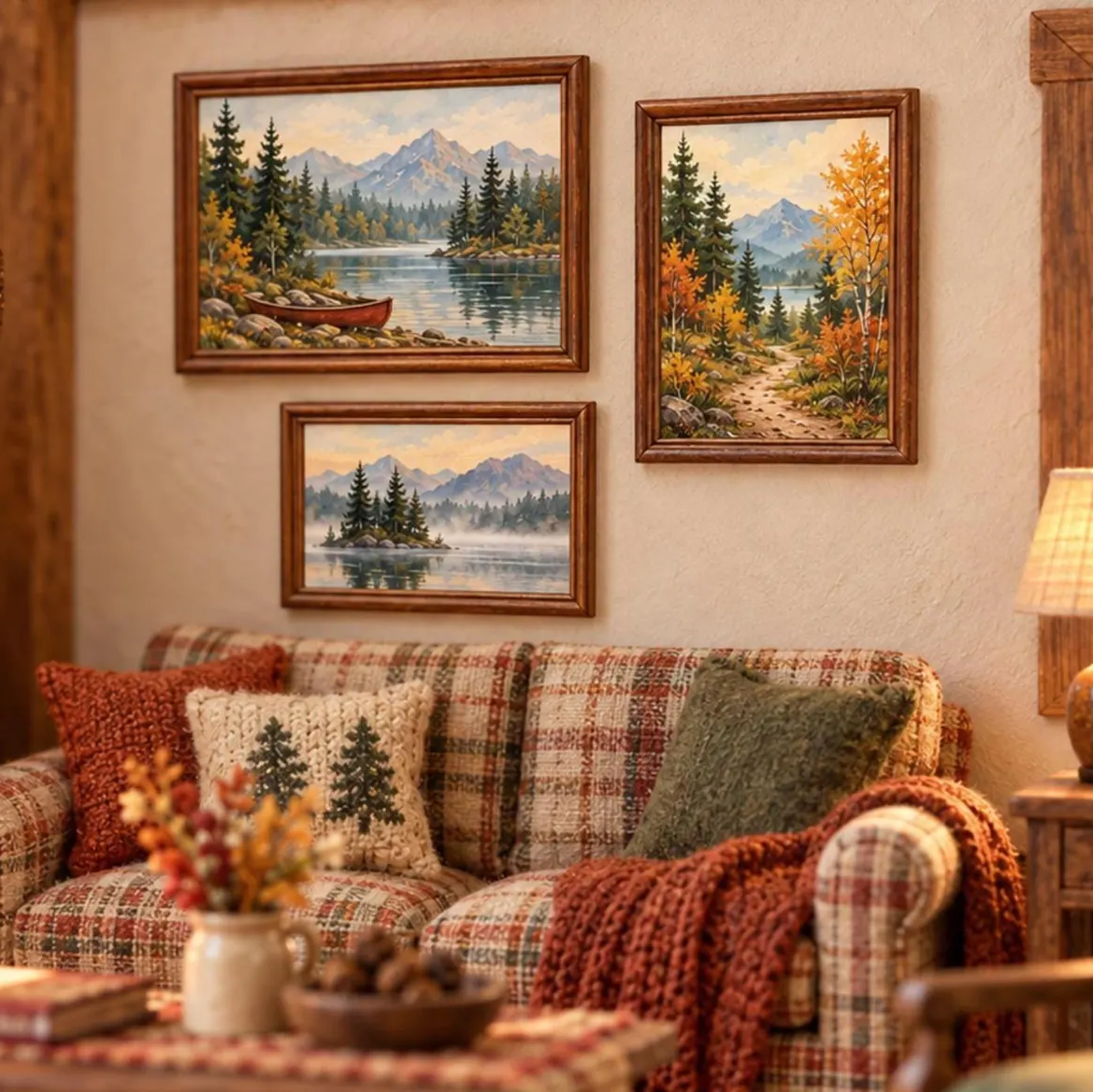 Autumn mountain and lakeside printable wall art displayed above a plaid sofa