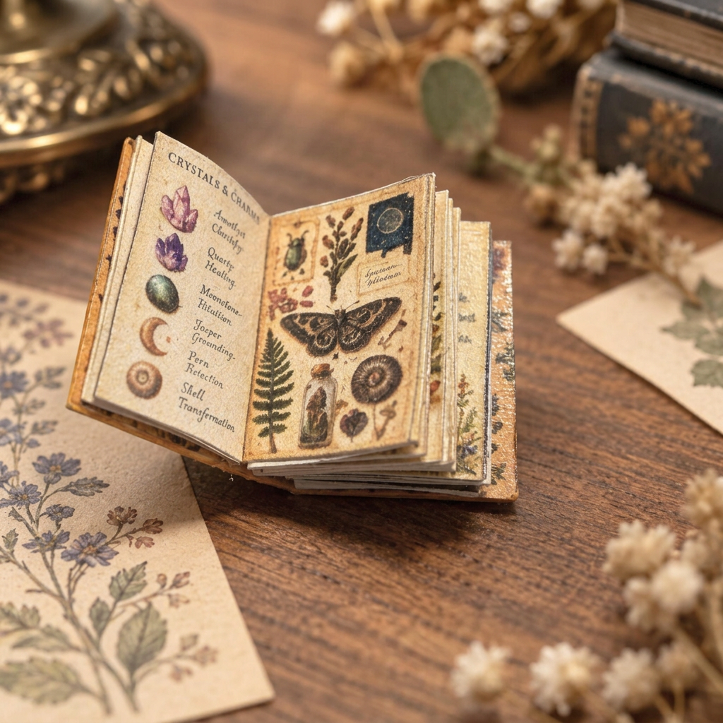 Open miniature book showing illustrated crystals and natural curiosities