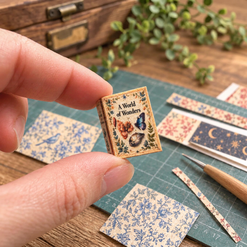 A World of Wonders miniature book held between fingers to demonstrate scale