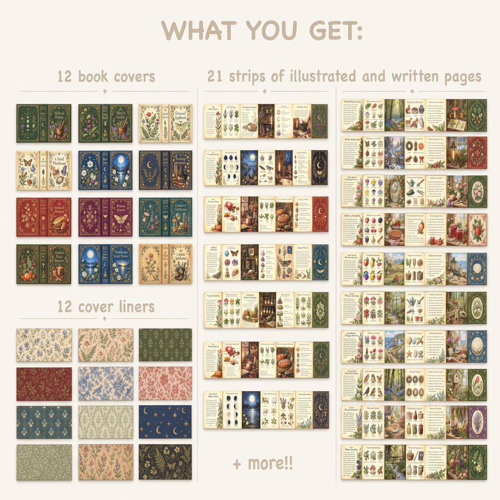 Printable miniature book kit contents showing covers, liners and illustrated page strips