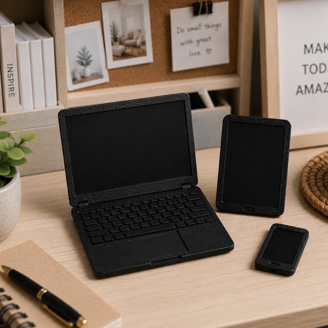 Black miniature laptop, tablet and phone shown without screen graphics