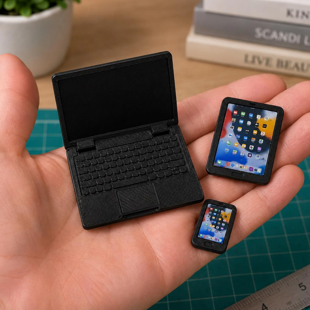 Black miniature laptop, tablet and phone held in a hand with screen graphics installed
