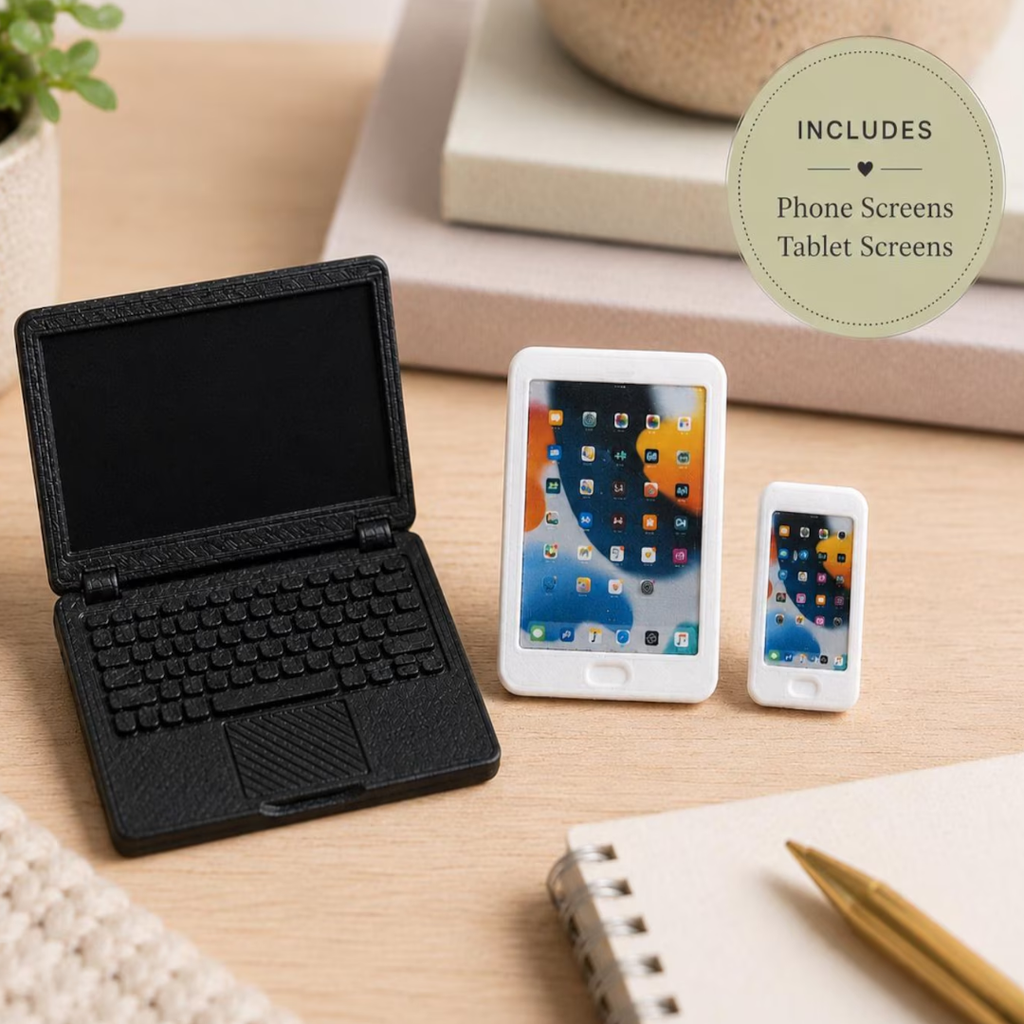 Miniature laptop, white tablet and phone displayed on a dollhouse office desk