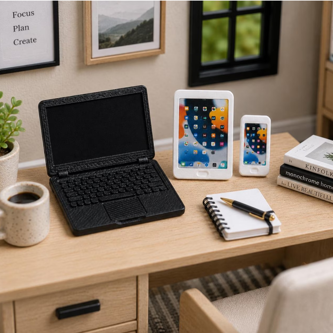 Miniature laptop with white tablet and phone and included-screen graphic