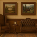 A styled interior scene with two framed landscape paintings on a beige wall above wood wainscoting. The left painting shows a white house, and the right painting shows a horse rider with a horse.