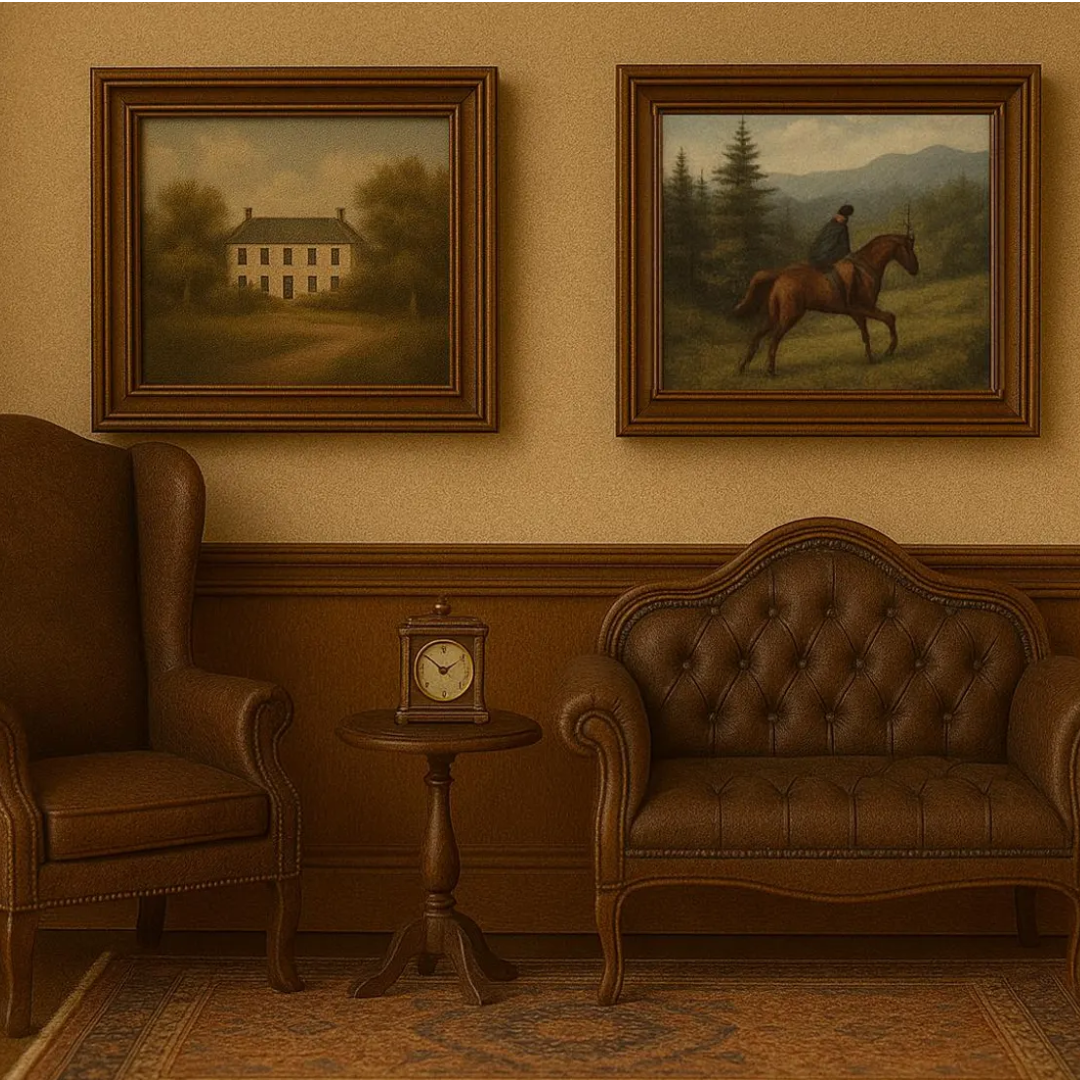 A styled interior scene with two framed landscape paintings on a beige wall above wood wainscoting. The left painting shows a white house, and the right painting shows a horse rider with a horse.