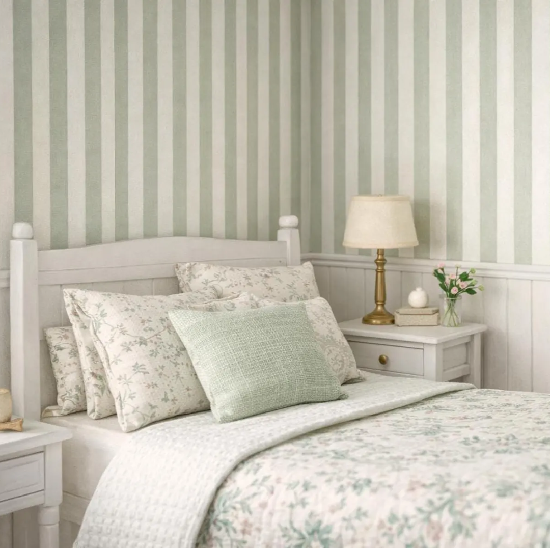 A beautifully styled bedroom featuring vertical sage green and white striped wallpaper, a white wooden bed with floral bedding, matching pillows, a bedside table with a gold lamp, and a small vase of flowers.