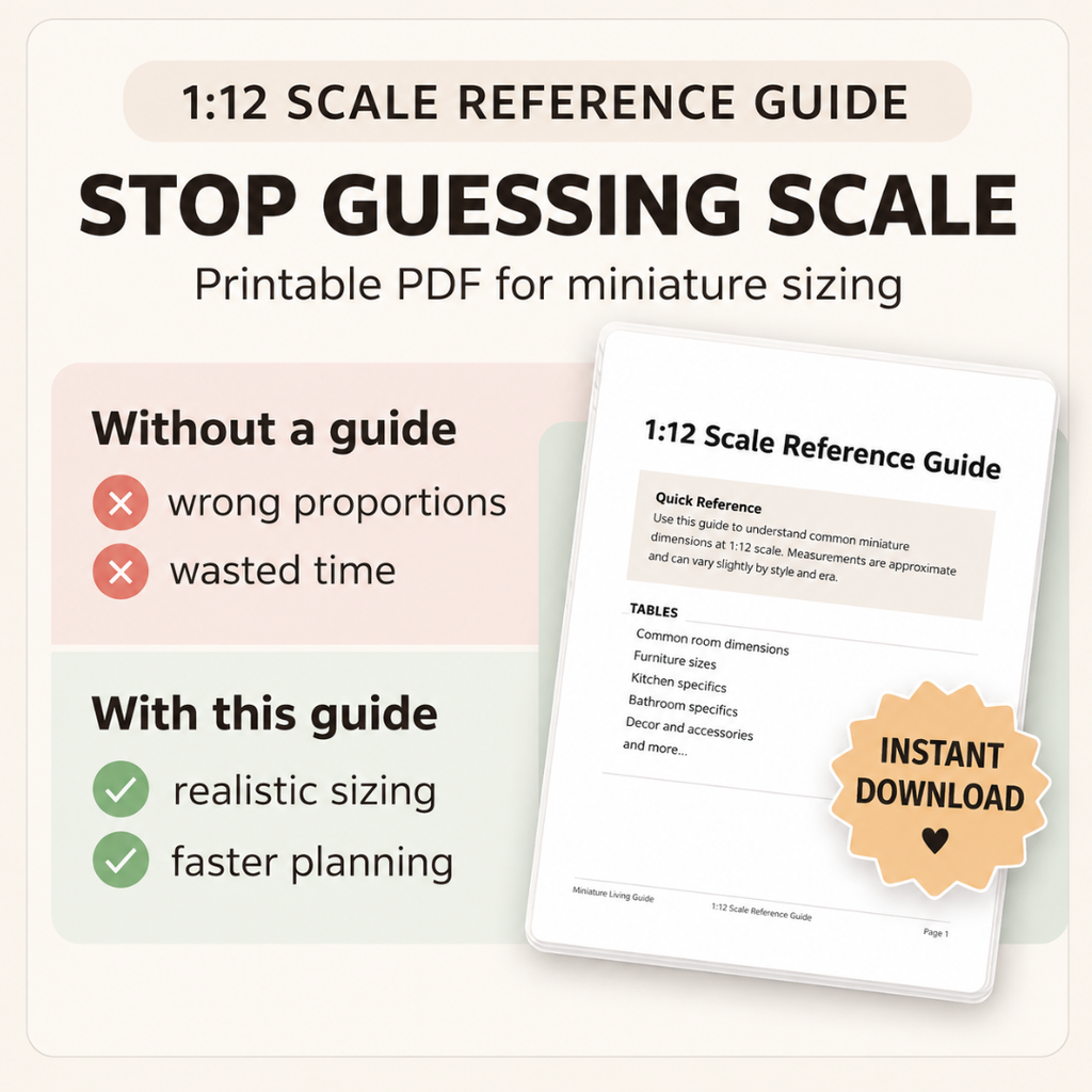 Promotional graphic for a printable 1:12 scale reference guide, showing a tablet mockup with a page titled '1:12 Scale Reference Guide' and text highlighting benefits like realistic sizing and faster planning. The design uses black text on a white page with beige and pale pink background blocks.