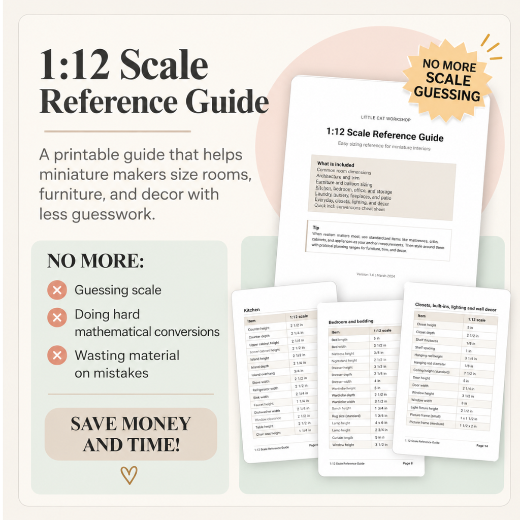 Promotional graphic for a 1:12 scale reference guide printable. The design shows the title '1:12 Scale Reference Guide' with supporting text, a starburst reading 'No More Scale Guessing,' and several sample pages of measurement tables and notes displayed on a soft beige background.
