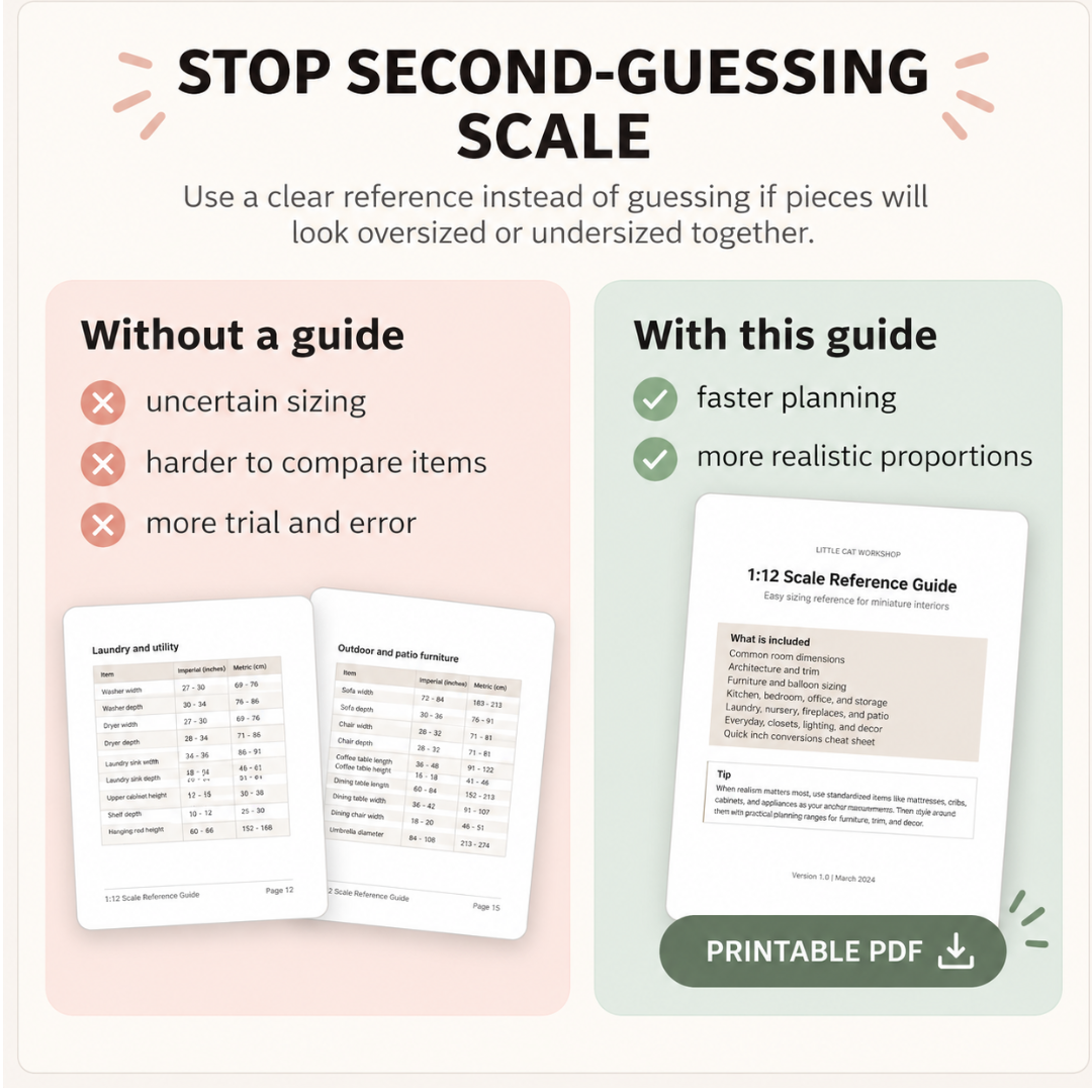 Promotional graphic for a printable PDF scale reference guide, comparing 'Without a guide' and 'With this guide' with checkmarks and crosses, plus sample pages of a 1:12 scale reference guide and a green 'PRINTABLE PDF' button.