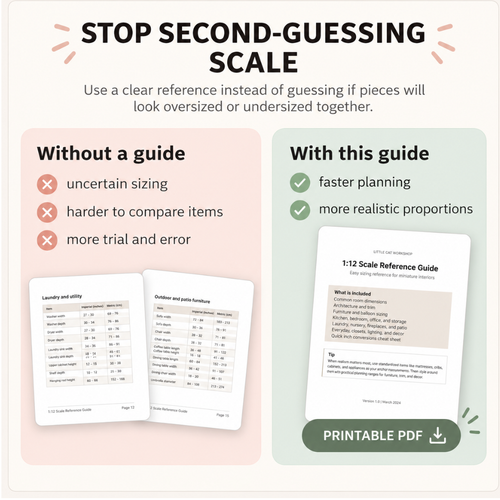 Promotional graphic for a printable PDF scale reference guide, comparing 'Without a guide' and 'With this guide' with checkmarks and crosses, plus sample pages of a 1:12 scale reference guide and a green 'PRINTABLE PDF' button.
