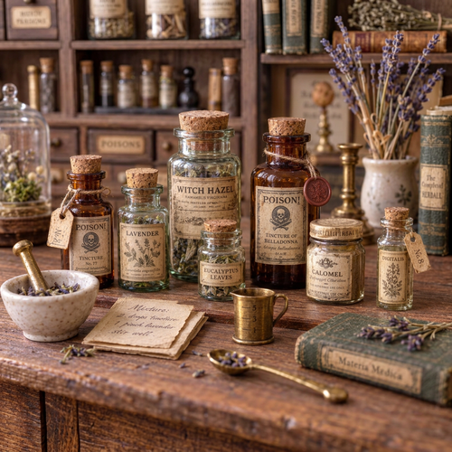 Square apothecary bottle scene