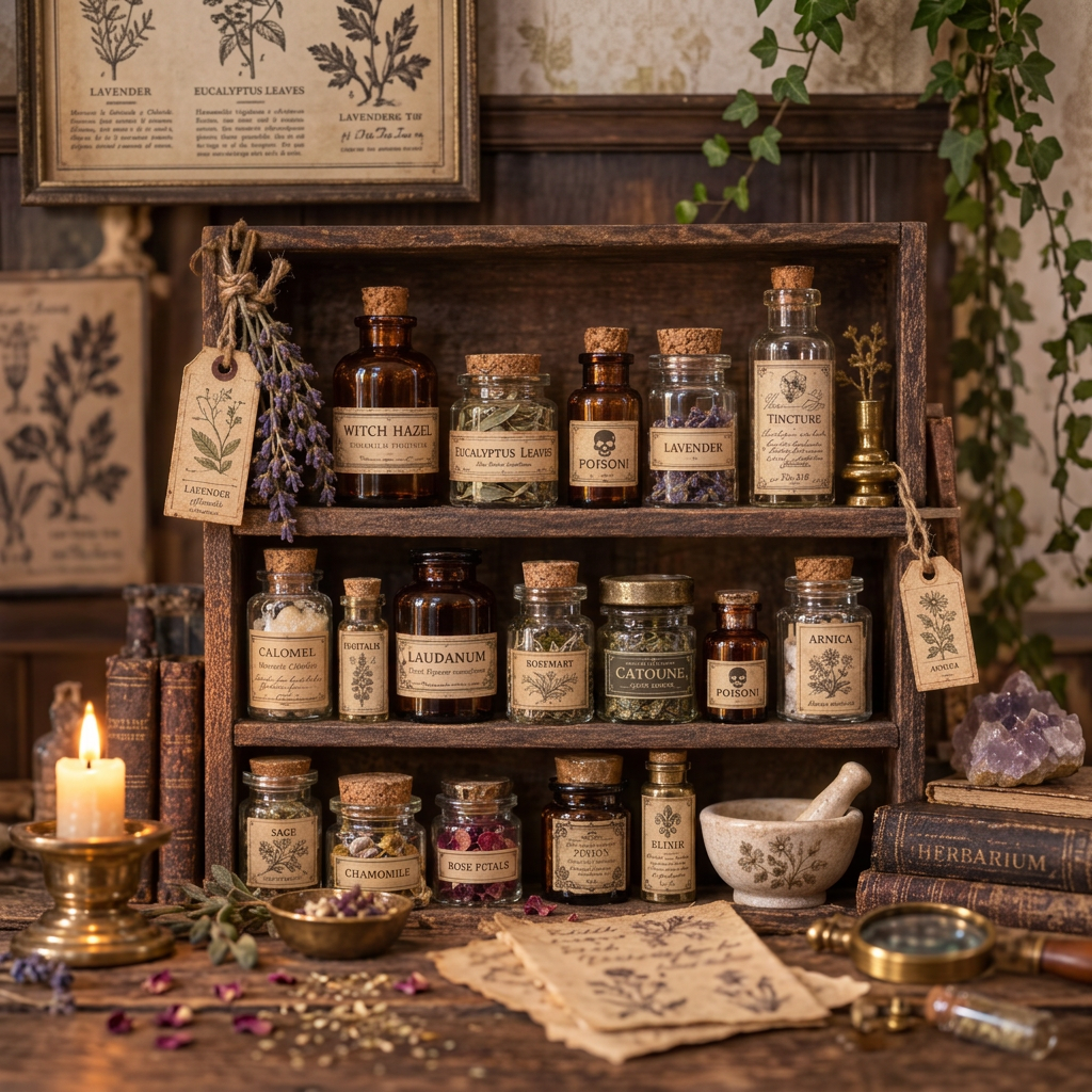 Square apothecary shelf scene
