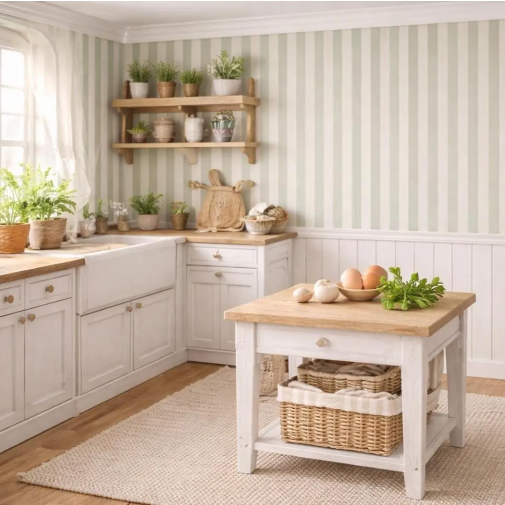 A bright, rustic kitchen interior with white shaker-style cabinets, a white farmhouse sink, a small white island table with a light wood top, wicker baskets, potted plants, and striped wallpaper.