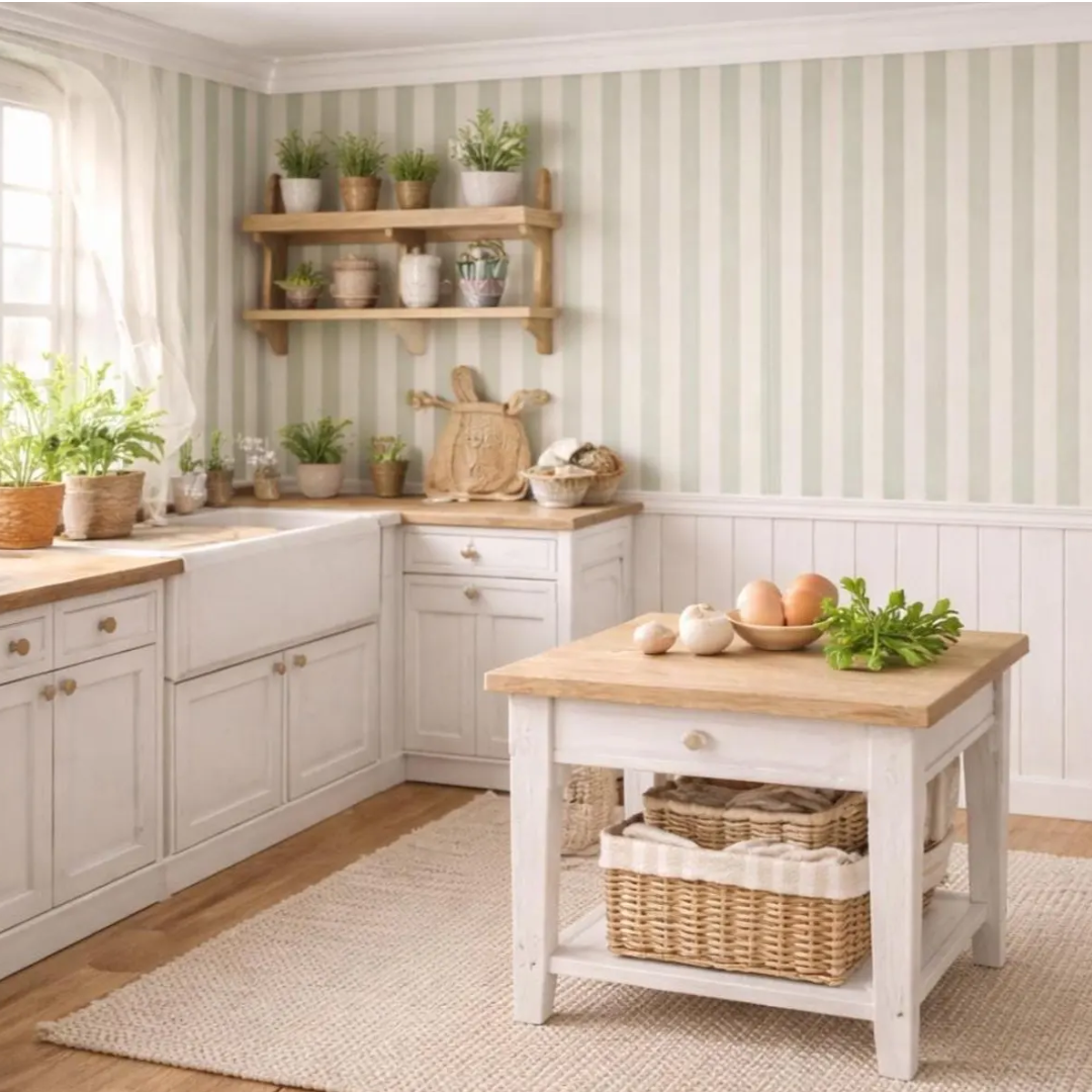 A bright, rustic kitchen interior with white shaker-style cabinets, a white farmhouse sink, a small white island table with a light wood top, wicker baskets, potted plants, and striped wallpaper.