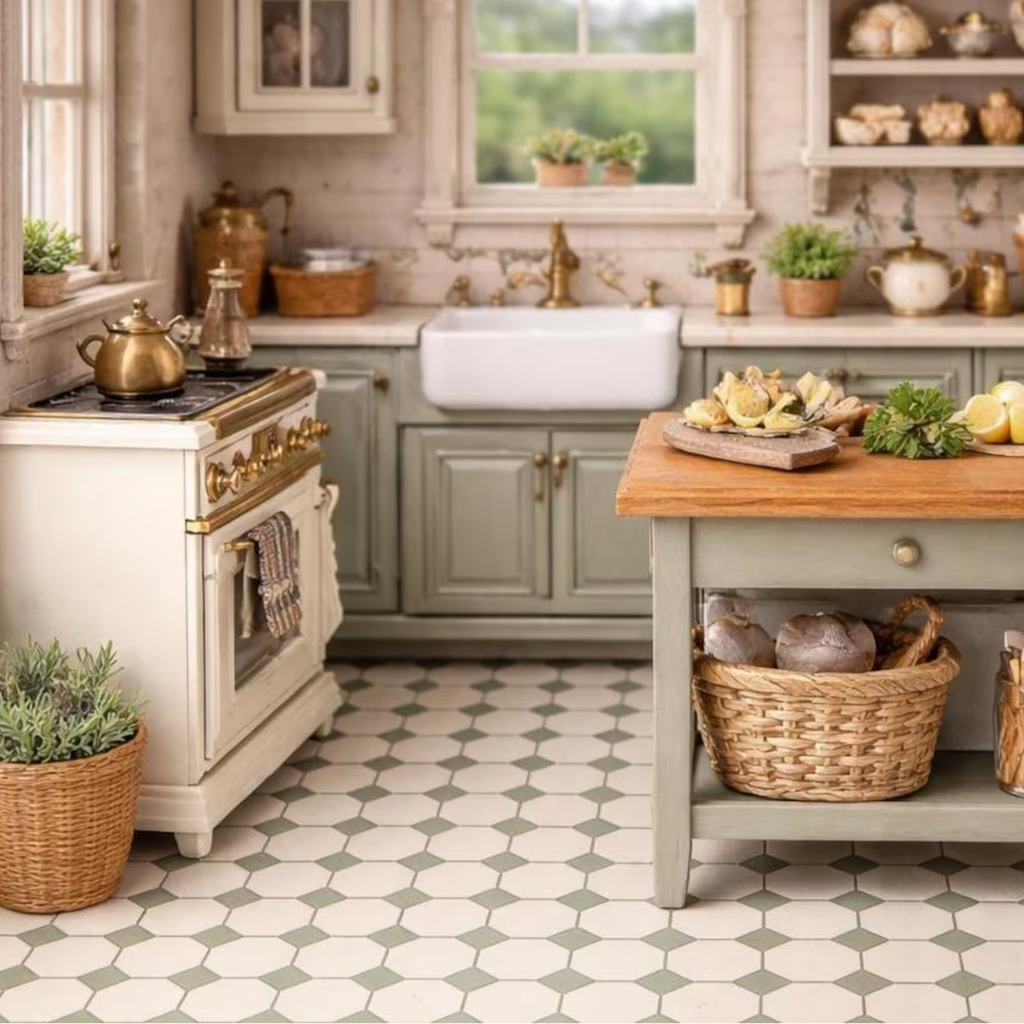A beautifully styled vintage-inspired kitchen featuring sage green cabinets, a white farmhouse sink, a cream freestanding stove with gold trim, a patterned green-and-white hexagonal tile floor, and a wooden island with woven baskets and fresh lemons.