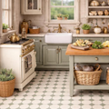 A beautifully styled vintage-inspired kitchen featuring sage green cabinets, a white farmhouse sink, a cream freestanding stove with gold trim, a patterned green-and-white hexagonal tile floor, and a wooden island with woven baskets and fresh lemons.