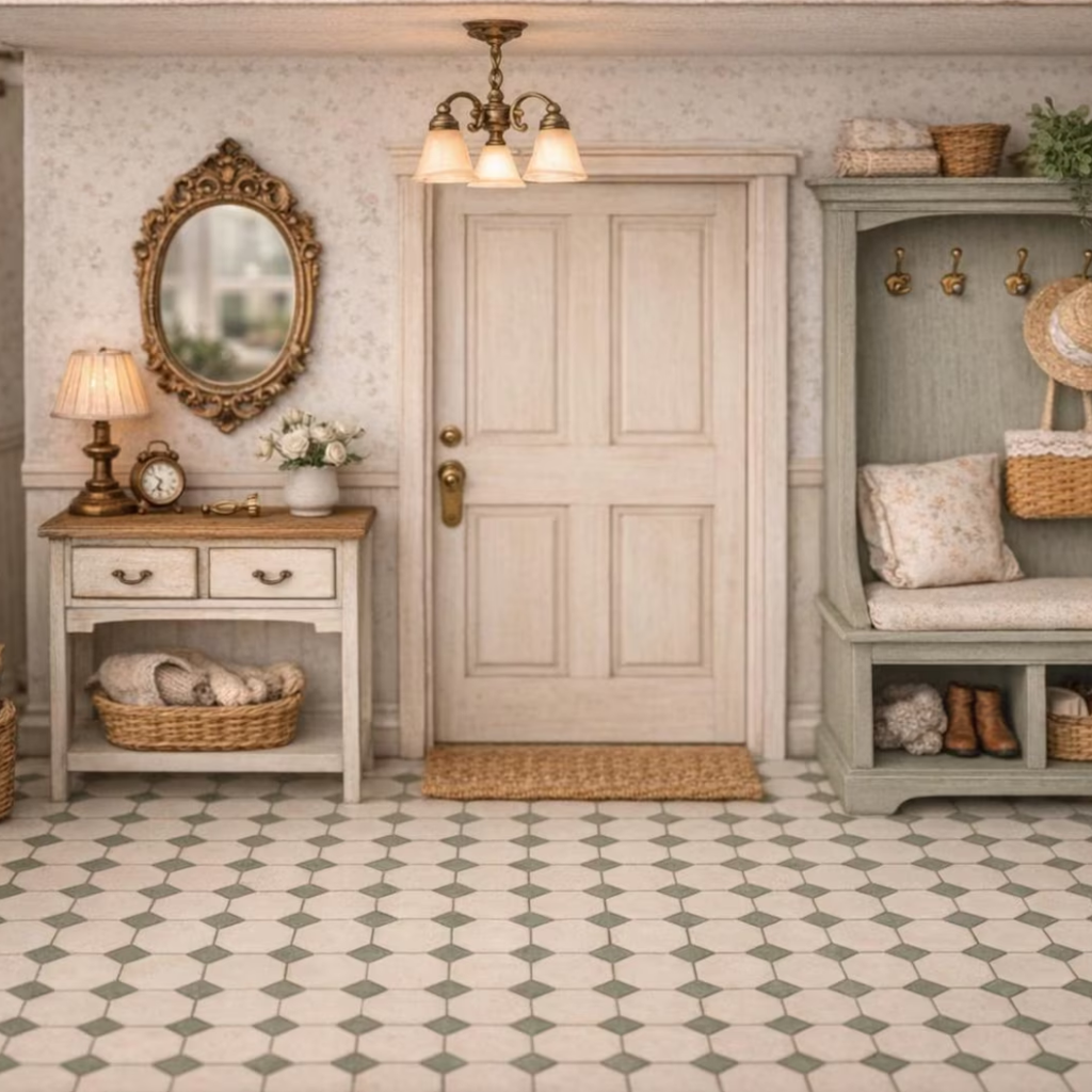 A styled entryway scene with a cream paneled door, patterned tile floor, a small white console table with a lamp and mirror, a bench with cushions and basket, and a hanging coat rack.