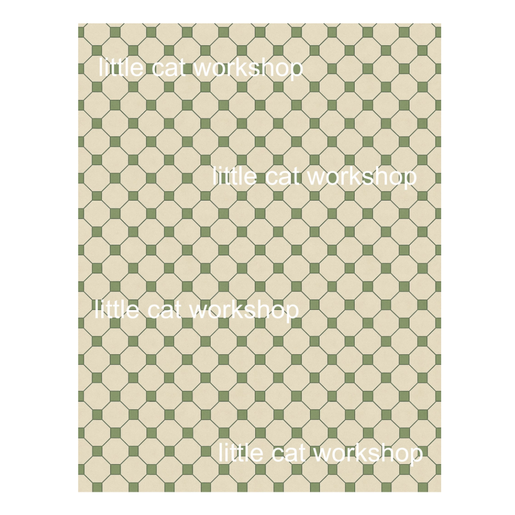 A square product shot of a miniature floor printable featuring a repeating green and beige geometric pattern with watermark text 'little cat workshop' printed in white