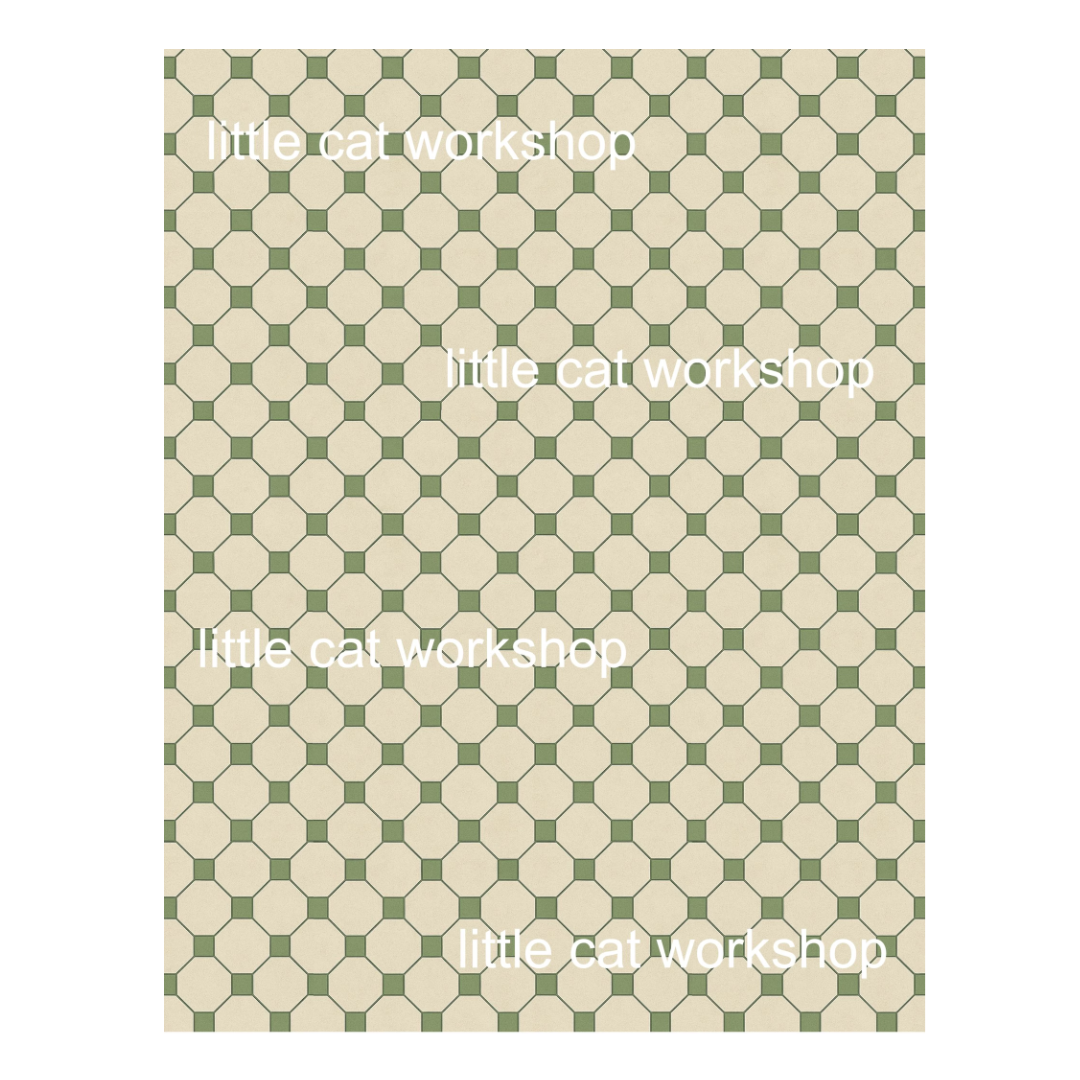 A square product shot of a miniature floor printable featuring a repeating green and beige geometric pattern with watermark text 'little cat workshop' printed in white