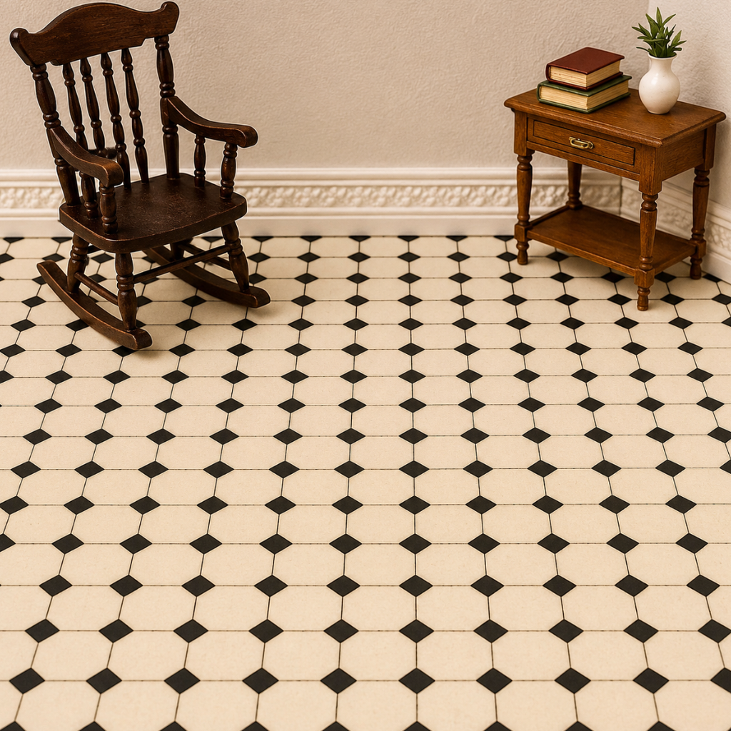 A room scene showing a cream-colored floor with a repeating black diamond tile pattern, a dark wooden rocking chair on the left, and a small wooden side table with books and a plant on the right against a textured beige wall.