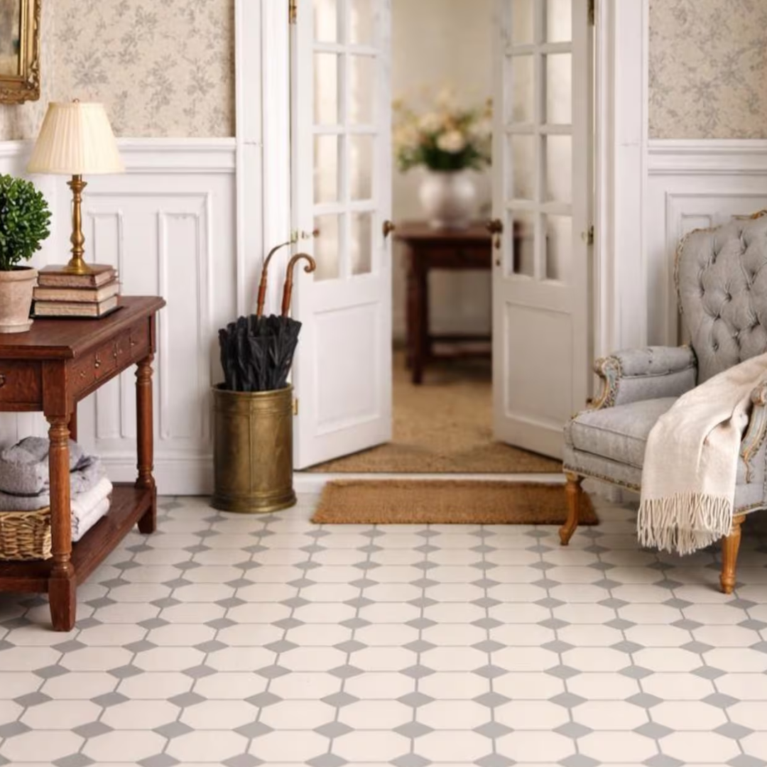 A styled interior room with a white and gray geometric patterned tile floor, white paneled walls, open French doors, a wooden side table with a lamp and books, a brass umbrella stand, and a tufted armchair with a throw blanket.